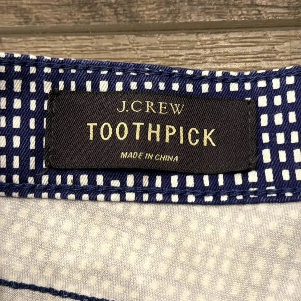 NWOT J Crew Toothpick Basket Weave Blue White Print Skinny Jeans Size 29